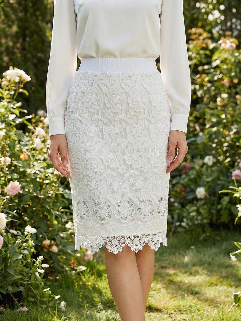 Elegant High-Waisted Lace Midi Skirt - Slim Fit, Hollow Design, Hip-Hugging Style for Women