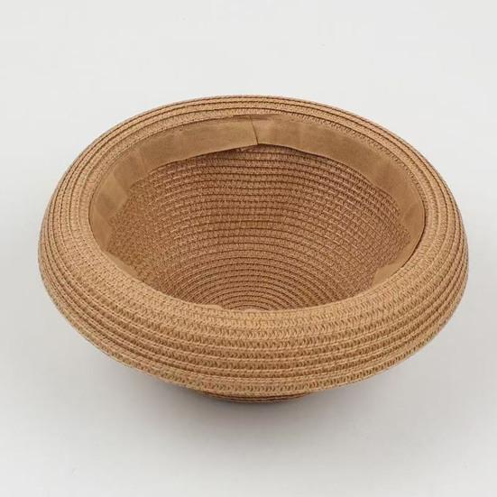 Parent-child Beach Hat Dome Curved Brim UV Protection Hat Handwoven Summer Outdoor Straw Hat with Black Satin Ribbon Bow