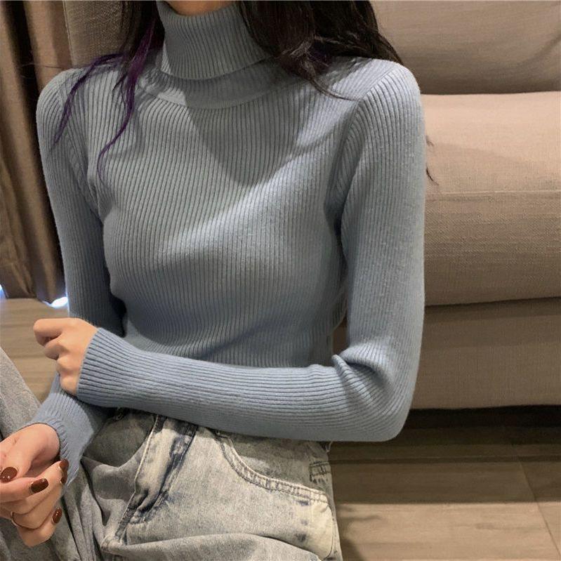 Women's Slim Fit Solid Turtleneck Sweater - Versatile Fashion Knit Pullover for Autumn & Winter