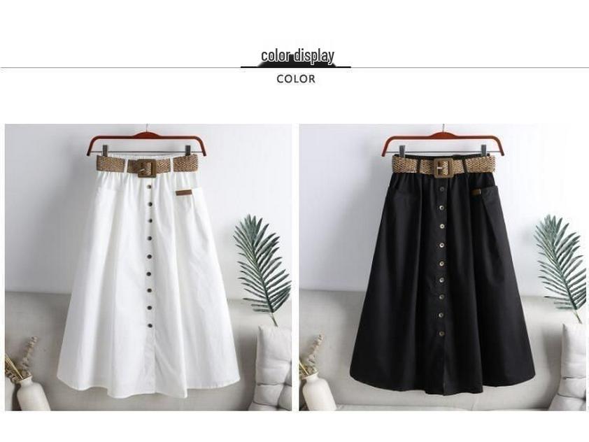 2024 Spring/Summer Korean Style Elastic High Waist A-Line Midi Skirt with Large Pockets and Slit