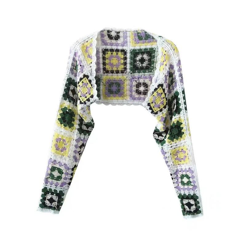 Vintage Colourful Hollow Out Long-sleeved Outer Knitted Cardigan Women's Autumn Cardigan Short Chic Tops