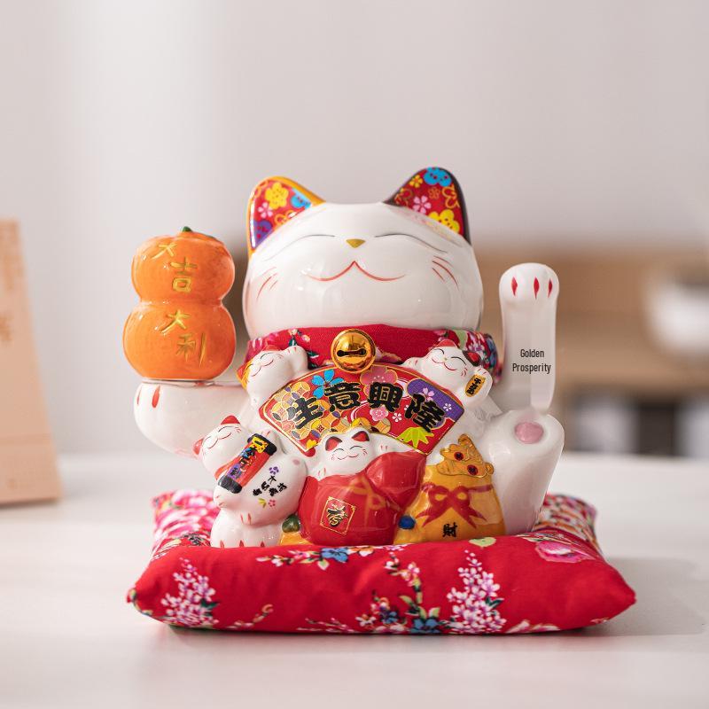 Electric Waving Lucky Cat Ceramic Ornament for Home, Living Room, Shop, or Cashier Desk.