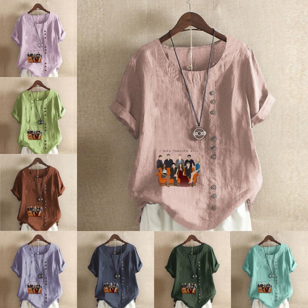 Women's Fashion Family Prined Round Neck Short Sleeve T-shirt Casual Cotton Linen Graphic Shirt Leisure Loose Summer Blouse Tops