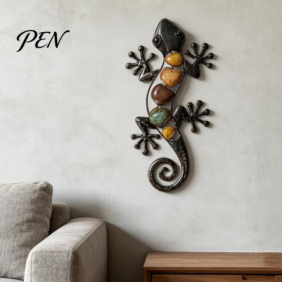 Artistic Wall Ornaments for Living Room Metal Gecko Lizard Decor, Colorful Painted Iron Art, Indoor Outdoor Sculpture Farmhouse Hanging Ornament