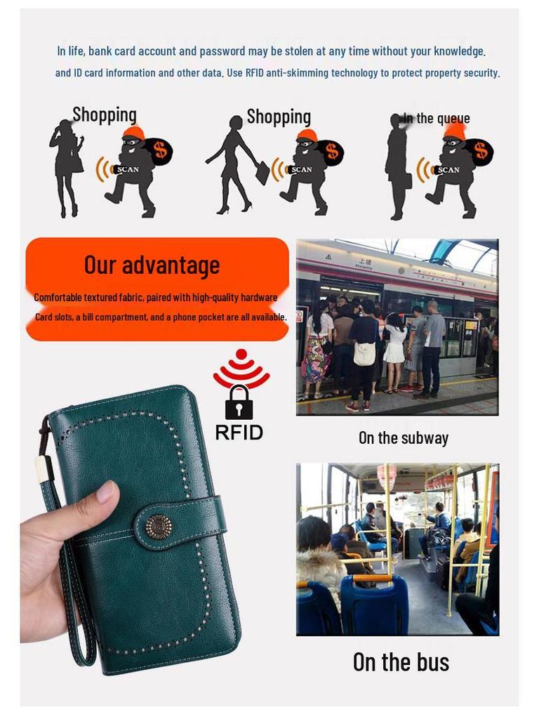 RFID Antimagnetická Kožená Dlouhá Dámská Peněženka na Zip - Velká Kapacita Evropský a Americký Styl Psaníčko