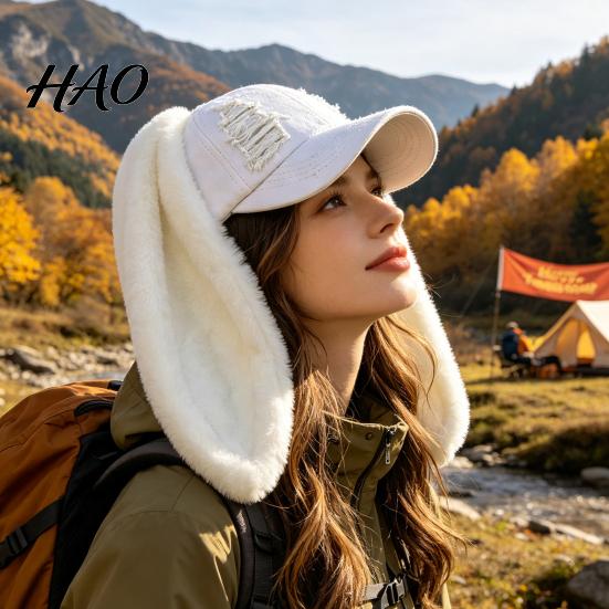Lady Baseball Cap with Plush Rabbit Ears, Washed Distressed Peaked Hat for Warm Winter Winter, Long Bunny Ear Dance Party Show Festivals Ears