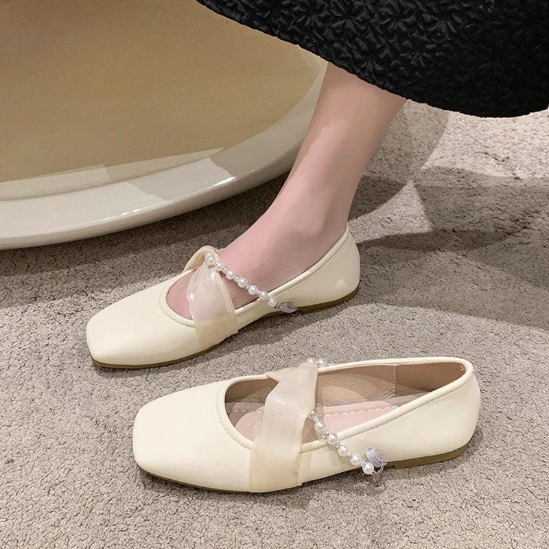 Fashion Square Toe Pink Pearl Ladies Footwear Comfortable and Elegant Stylish On Promotion Low Price Casual 39 Sale Women's Flat Shoes