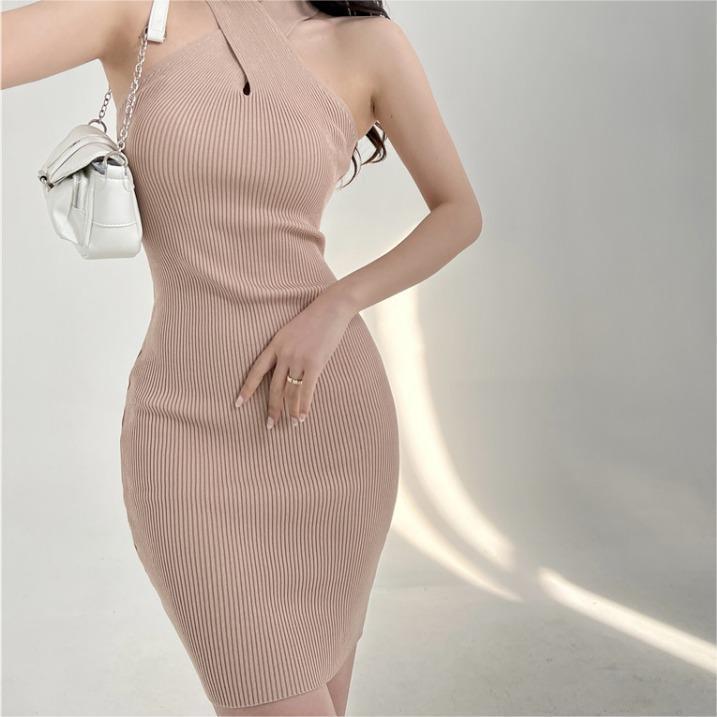 Summer Slim Knit Dress With Crosshalter Neck For Casual Women