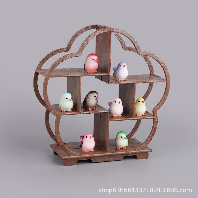 Vintage Bogu Rack Cartoon Mini Colored Birds Doll House Plum Blossom Display Rack Resin Crafts Animal Toys