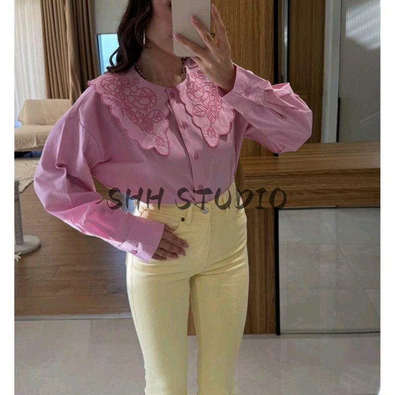 Summer New Product Women's Clothes Preppy Style Round Neck Long Sleeves Single Row Multi-Buckle Embroider Decorative Loose Design Shirt Tops
