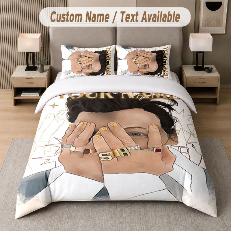 Set Biancheria da Letto Harry Styles 3 Pezzi, Testo Personalizzato con Nome, 1 Copripiumino & 2 Federe per Camera da Letto