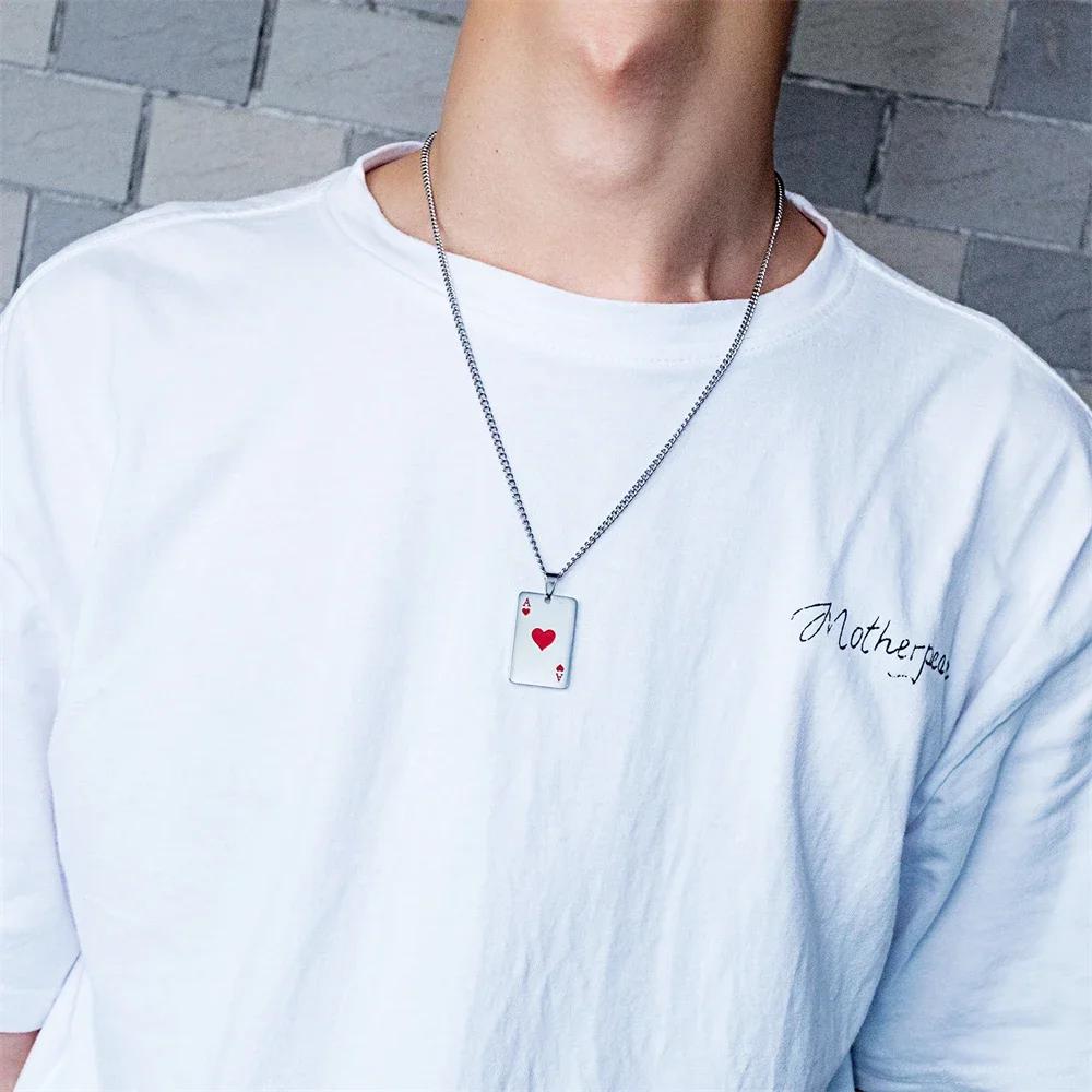 Punk Styles Playing Card Poker Pendant Necklace Men Boys Hip Hop Lucky Ace of Spades Charm Necklace for Men Women Gift Wholesale