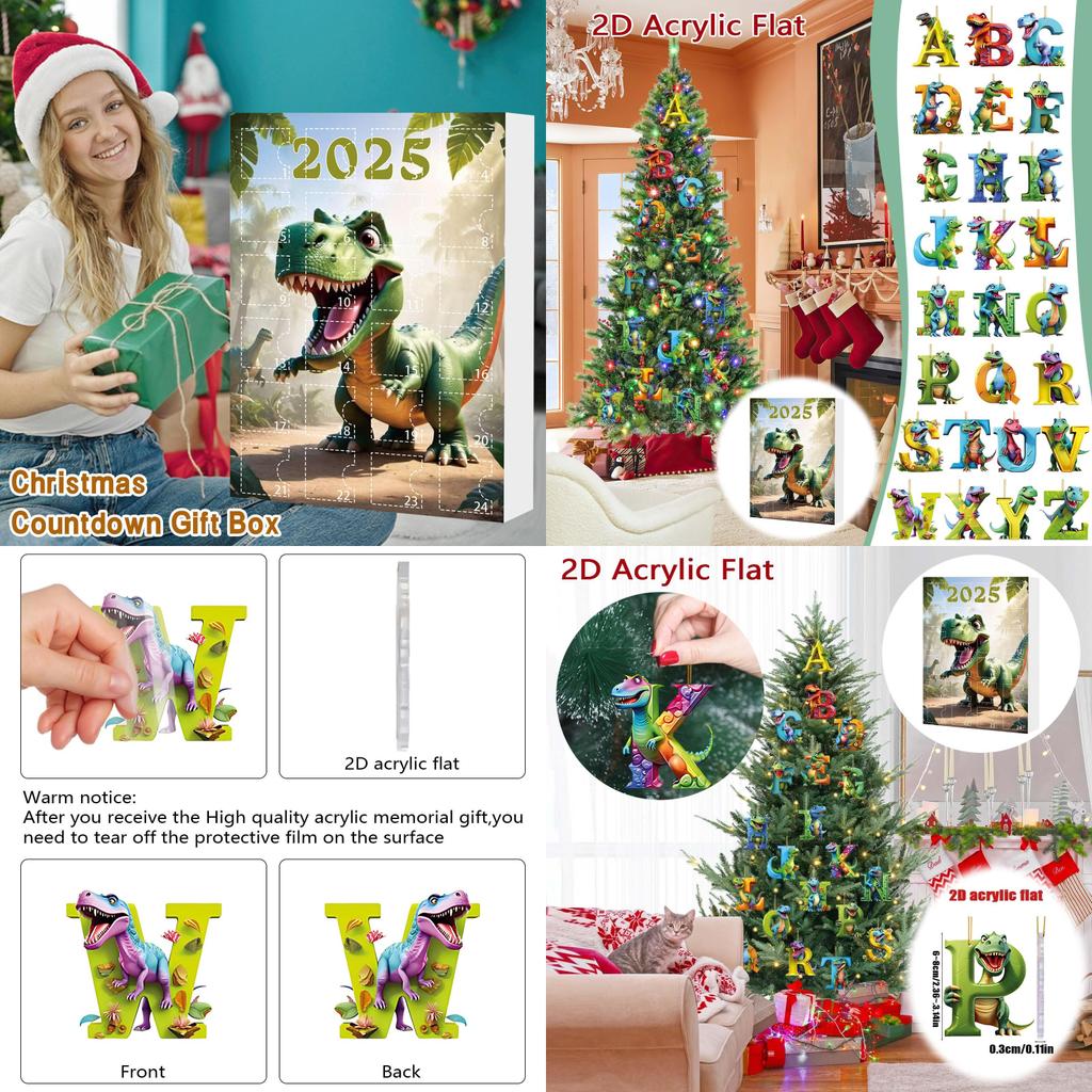 Dinosaur Christmas Countdown Calendar With Acrylic Dinosaur Figurines For Holiday Decor