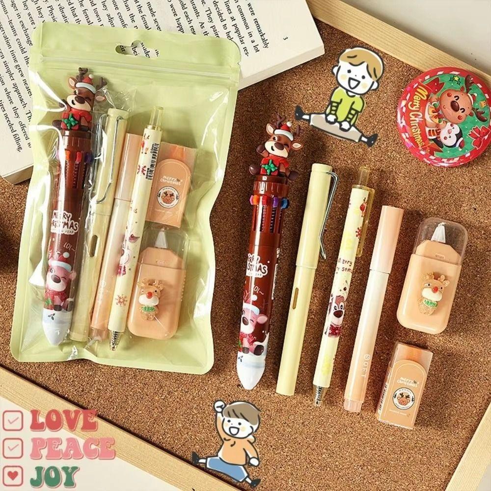 6Pcs/Set Cartoon Christmas Stationery Set 10-color Ballpoint Pen Highlighter Pen Student Tools Gift Kit Correction Tape