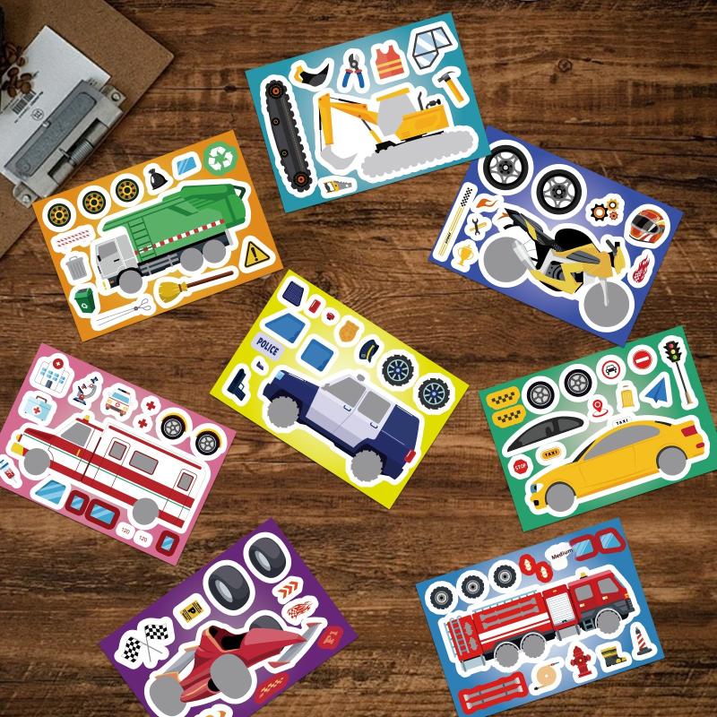 8 Sheets Motorcycle Excavator Various Vehicle Combinations Diy Decal Fire Truck Ambulance Puzzle Stickers Gifts Decoration