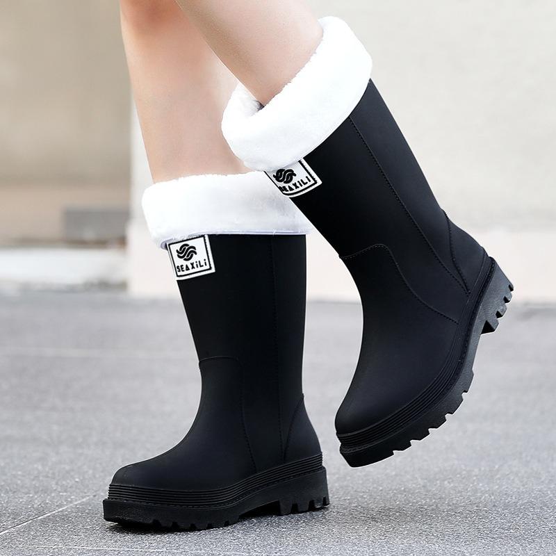 New medium tube rain shoes women's non-slip water shoes fashion water boots thick-soled rain boots velvet rubber shoes winter