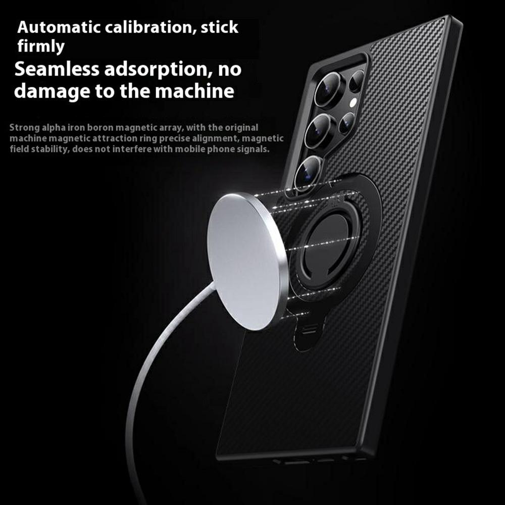 For Samsung Galaxy S24 Ultra Magnetic Case Kickstand Carbon Fiber Texture PC + TPU Back Cover with Silicone Ring