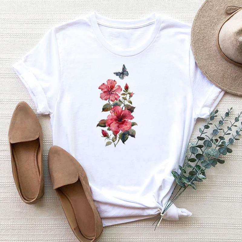 Taille européenne Femme Papillon Mignon Tendance Dessin Animé Mignon Impression Tee Haut Mode T-shirt Femme Vêtements T Manches Courtes T-shirts Graphiques
