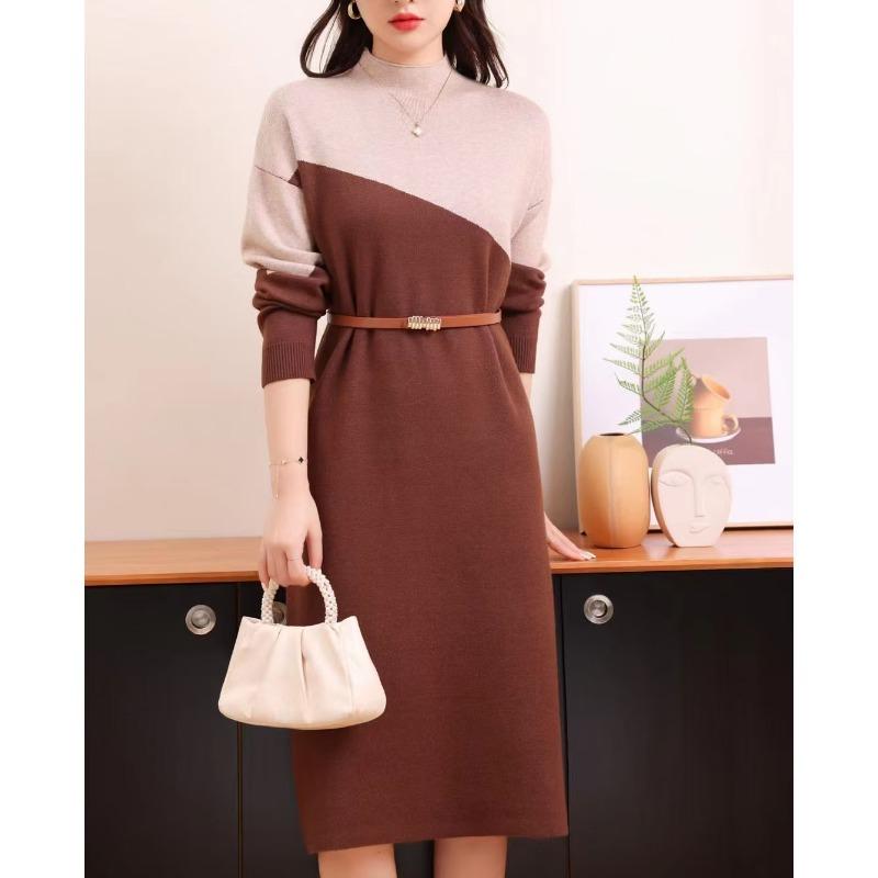 Semi-turtleneck contrasting sweater skirt autumn and winter elegant temperament waist new bottom knitted dress women