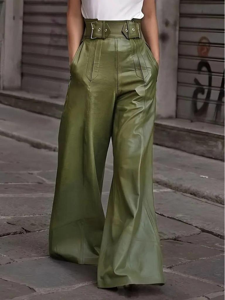 High Waist PU Leather Flare Pants with Waist-cinching & Pockets - 2025 Fashion