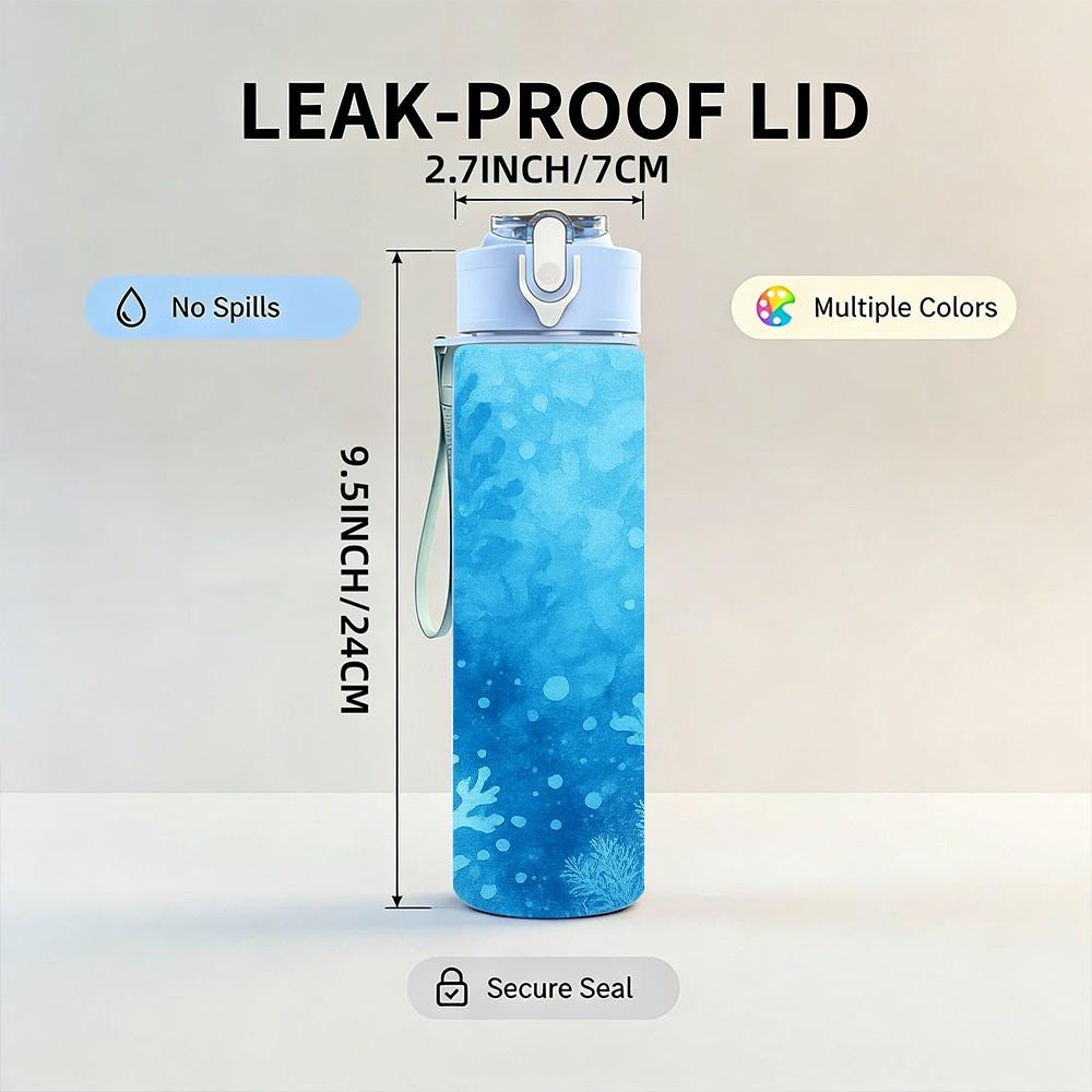 1PC Blue Frost Ice Crystal Texture Print 750ml Color Plastic Sports Water Bottle Leakproof Flip Straw Lid Suitable for Sports Office Home Use