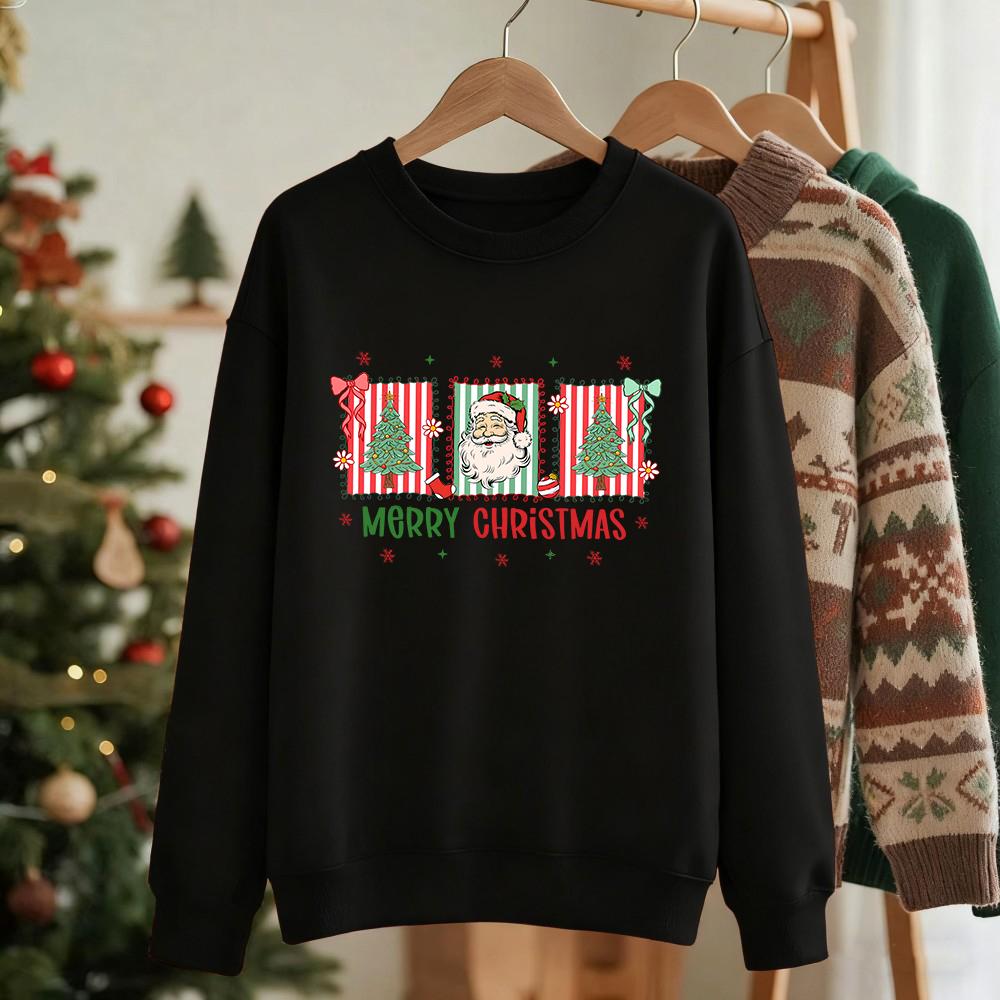 

Merry Christmas Santa Claus Trees Prints Sweatshirt Women Winter Warm Hoodie Crewneck Loose Pullover Casual Soft Clothes XL