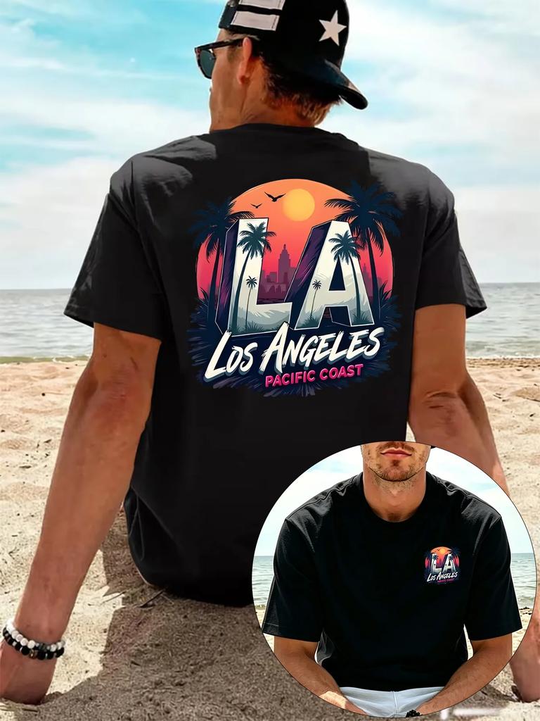 Men Los Angeles LA T Shirt Vintage California Beach Palm Tree Sunset Graphic Print Streetwear Casual Summer Short Sleeve Tee