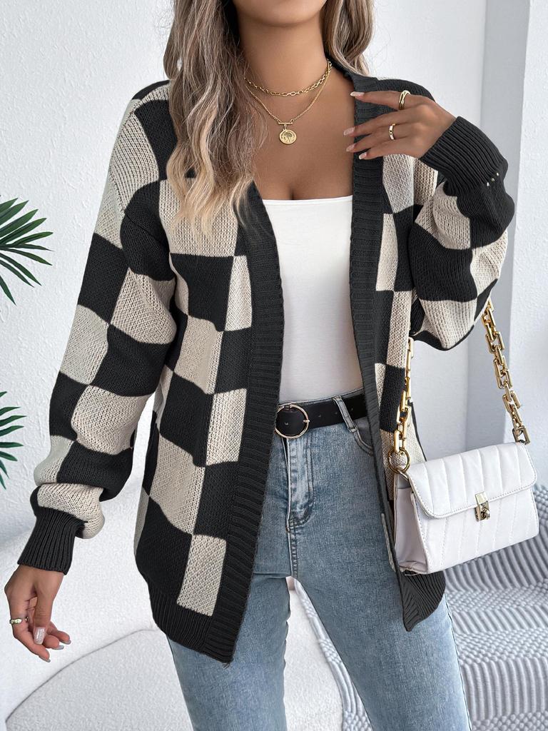 2025 Autumn/Winter New European & American Plaid Knit Oversized Women's Cardigan Sweater