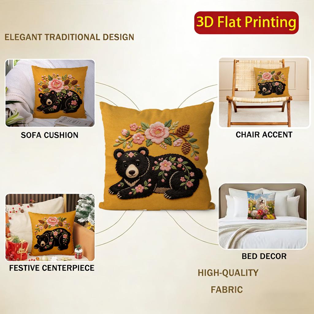 Floral Black Bear Embroidery Style Throw Pillow Covers Pattern Cushion Cover Suitable For Sofa Bedroom Car Pillow Cover