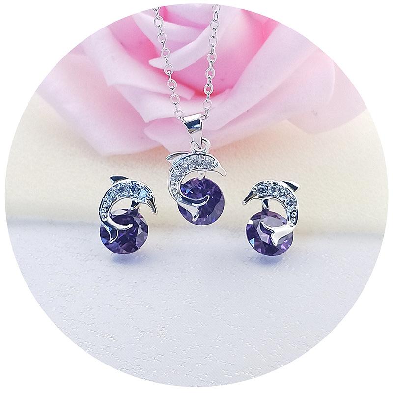 Minimally Designed Dolphin Necklace Earrings Zircon Jewelry Set European and American Fashion Two Piece Jewelry Set