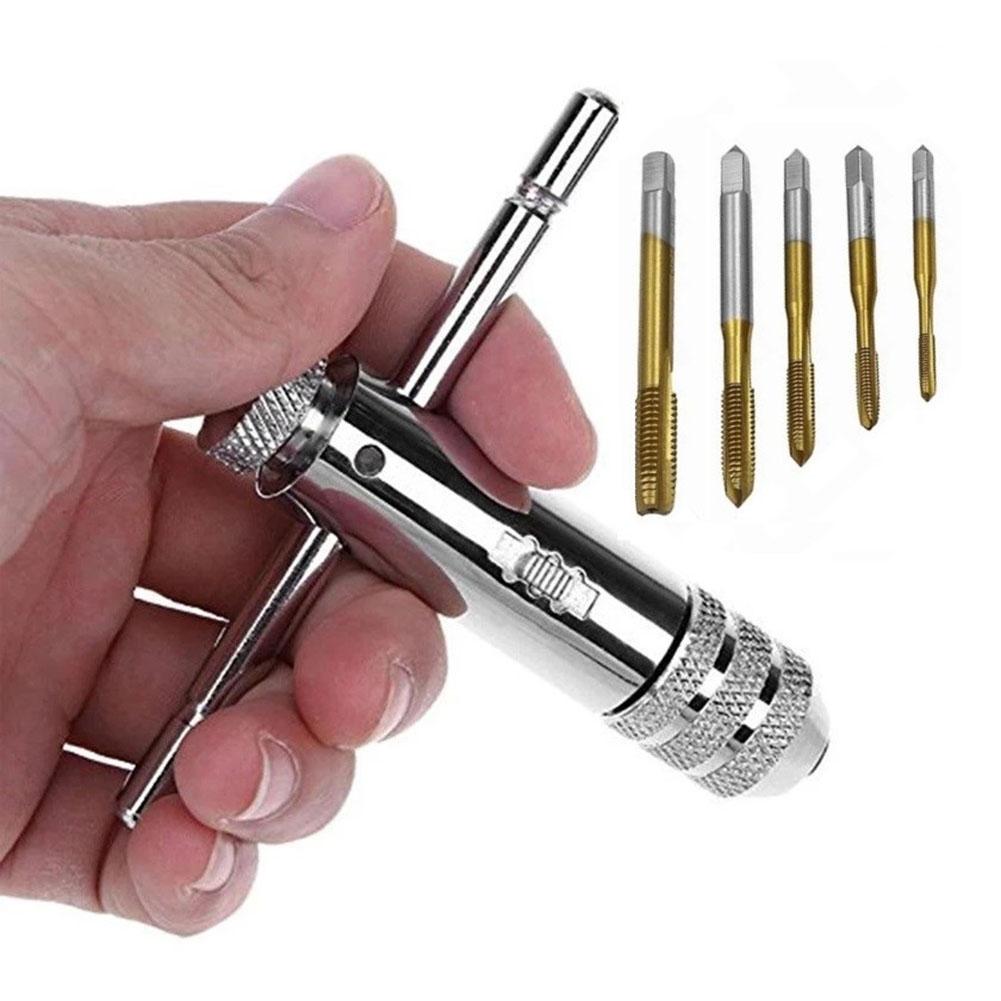 Manual 6pcs Adjustable T Handle Ratchet Tap Wrench Set with to M8 Taps Steel Holder for Precision Tapping Work