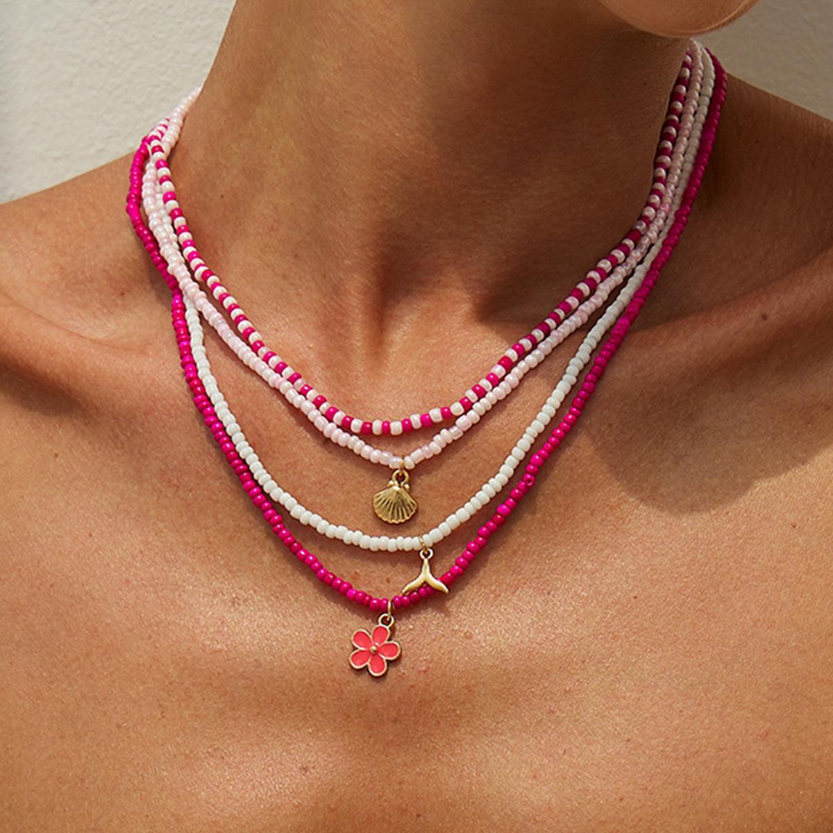 

Y2K Colorful Beaded Multilayer Necklace for Women Beach Style Sun Pendant Chokers Handmade Pink Beads Collarbone Chain Zircon