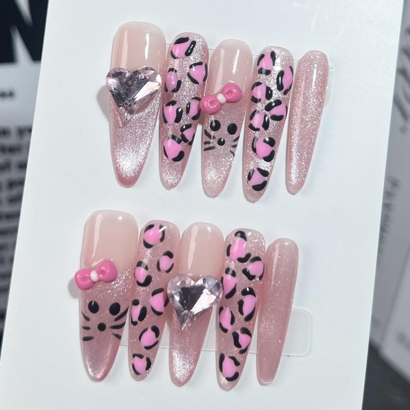 Pink Leopard Cat Print Press-On Nails With Bow Decor Sweet Cartoon Style False Women Girls Extra Small