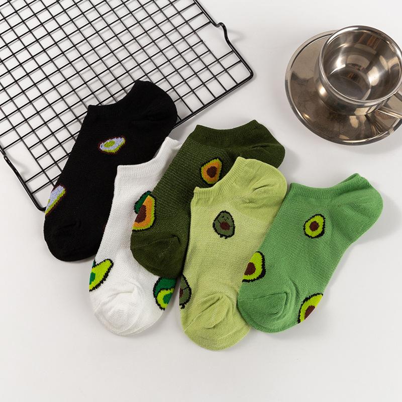 5 Pairs Avocado Crew Ankle Socks Cartoon Fresh Fashion Breathable Summer And Autumn Kawaii Comforts Women's Low Cut Boat Socks