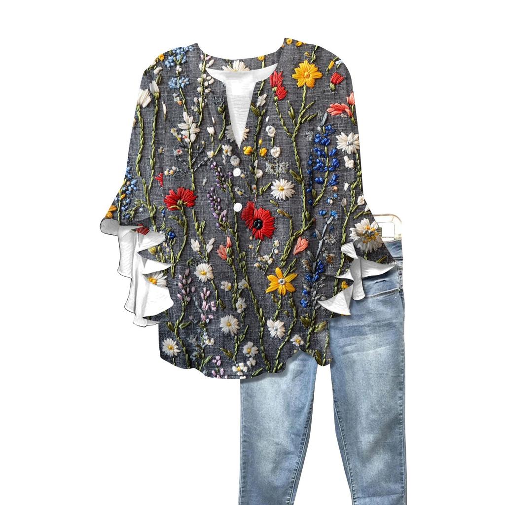 Letnie damskie topy z dekoltem w serek i rękawem trzy czwarte, koszule w stylu vintage z kwiatowym nadrukiem, codzienne koszule