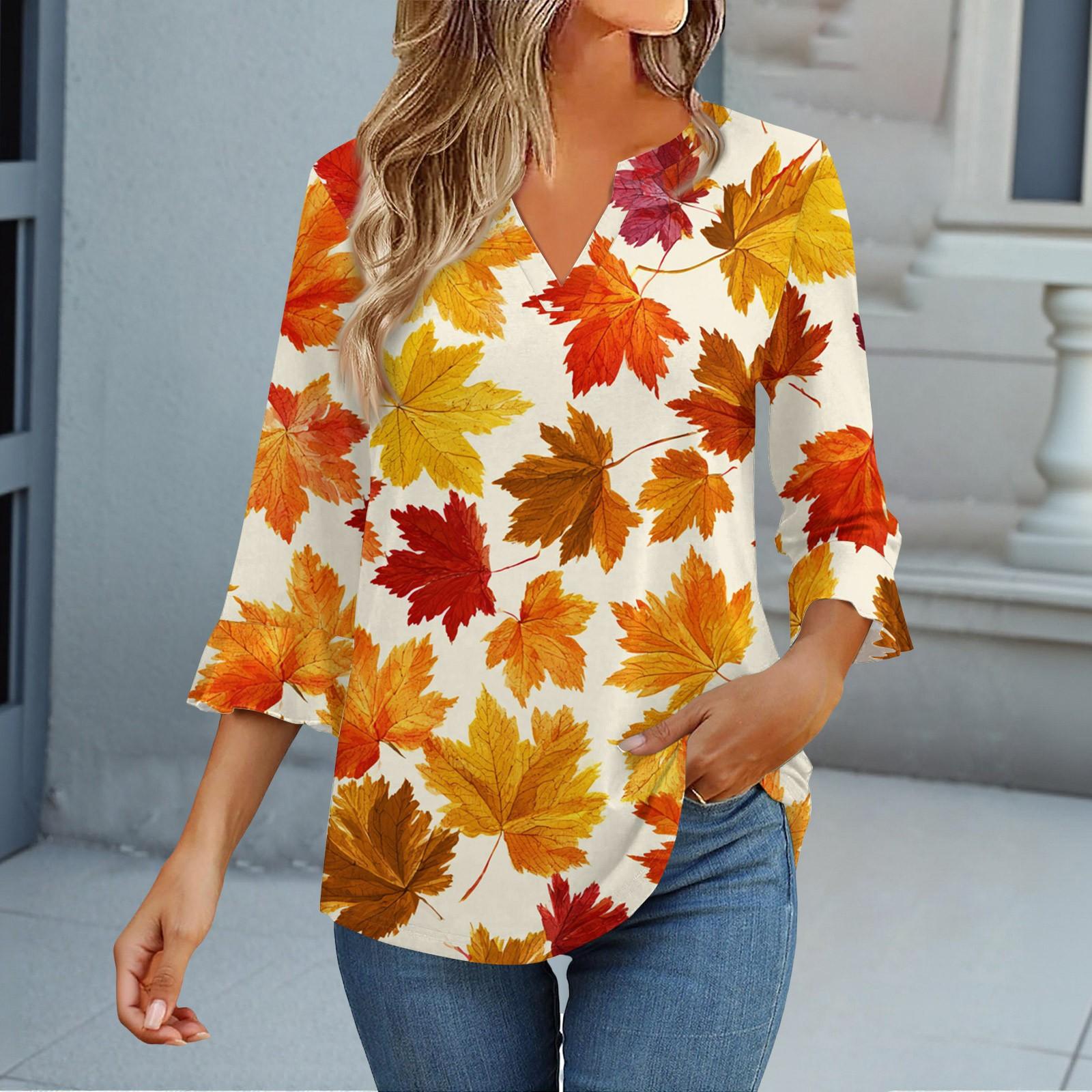 

Топы с рукавом 3/4 для женщин Футболка Повседневная с расклешенными рукавами Принт Туника V-образный вырез Пуловер Блузка XL жёлтый