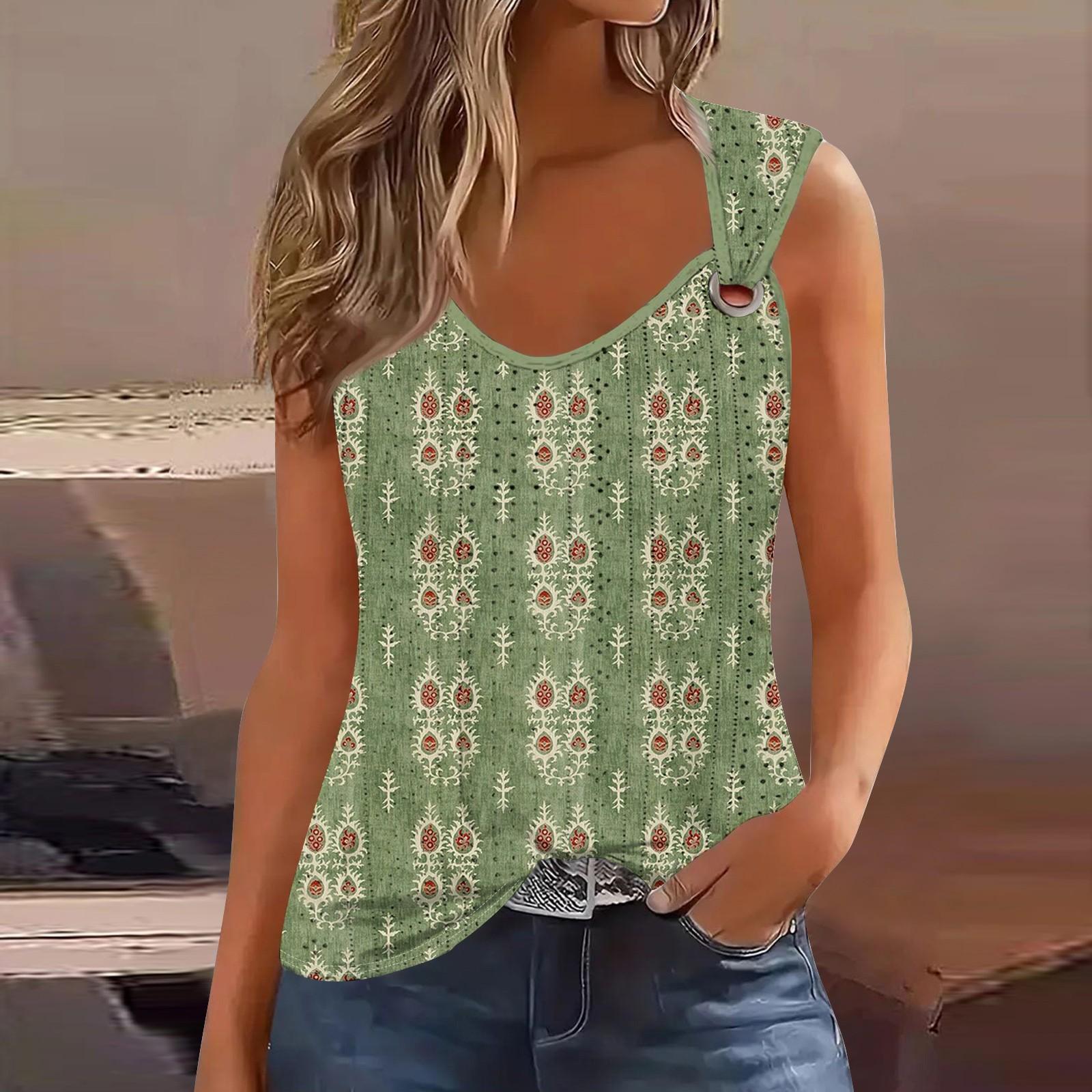 

Женская майка для девочек, повседневная майка, топы для женщин, симпатичный вязаный топ-майка с градиентным цветочным принтом, свободный крой, топы без рукавов с струящейся люверсами L армия зеленый