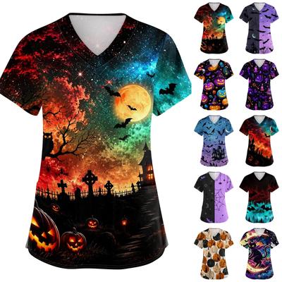 Womens V Neck Halloween Print Short Sleeve Scrub Top with Pocket Side Slit Medical Uniform Shirt for Healthcare Professionals
