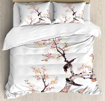Ensemble de Literie Fleurs de Cerisier Thème Romantique Rose Housse de Couette Ensemble Housse de Couette Femmes Filles Couple Adolescent Couette Douce, Taille Complète