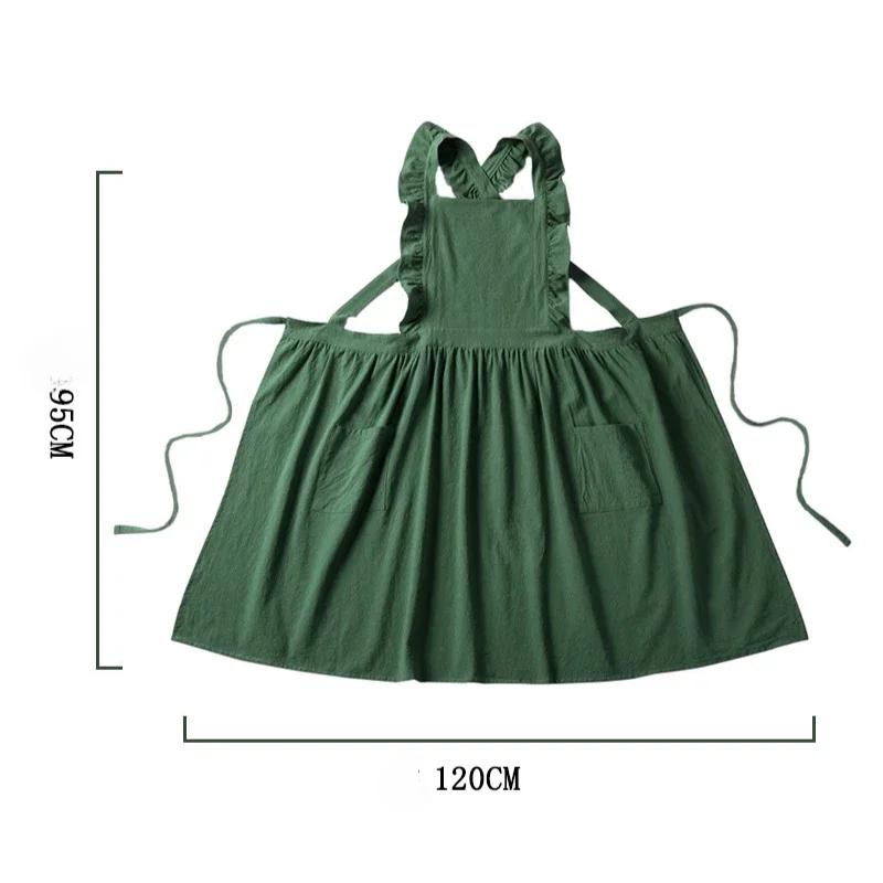 Home cotton linen apron with lotus leaf lace Japanese Korean kitchen coffee shop working apron for baking