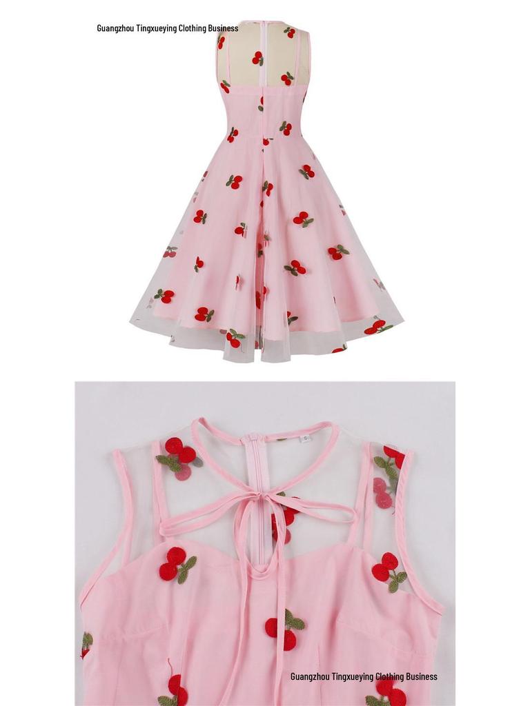 Women's Christmas Mesh Embroidered Midi Dress with Waist-Cinching and Sleeveless Design