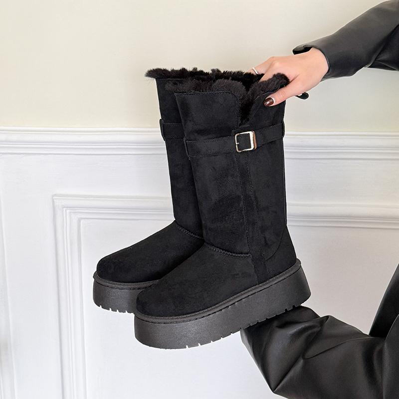 Mittelhohe Schneestiefel Winter Neu Runde Spitze Wildleder Ärmel Gürtelschnalle Plateau Rutschfest Verschleißfest Baumwollschuhe