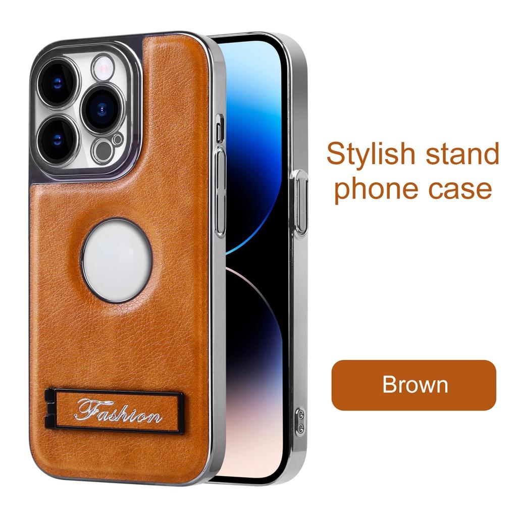 

Invisible Bracket Leather Case for iPhone 15 Pro Max 14 Pro 13 12 Camera Lens Protective Electroplated Bumper Flip Stand Cover For iPhone15ProMax