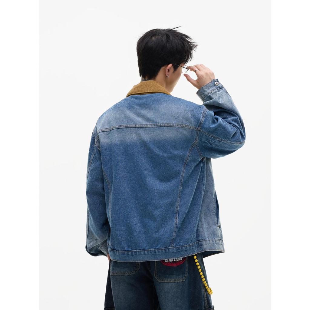 Men's Retro Denim Jacket: Spring & Autumn Casual Solid Color Lapel, Trendy and Loose Fit.
