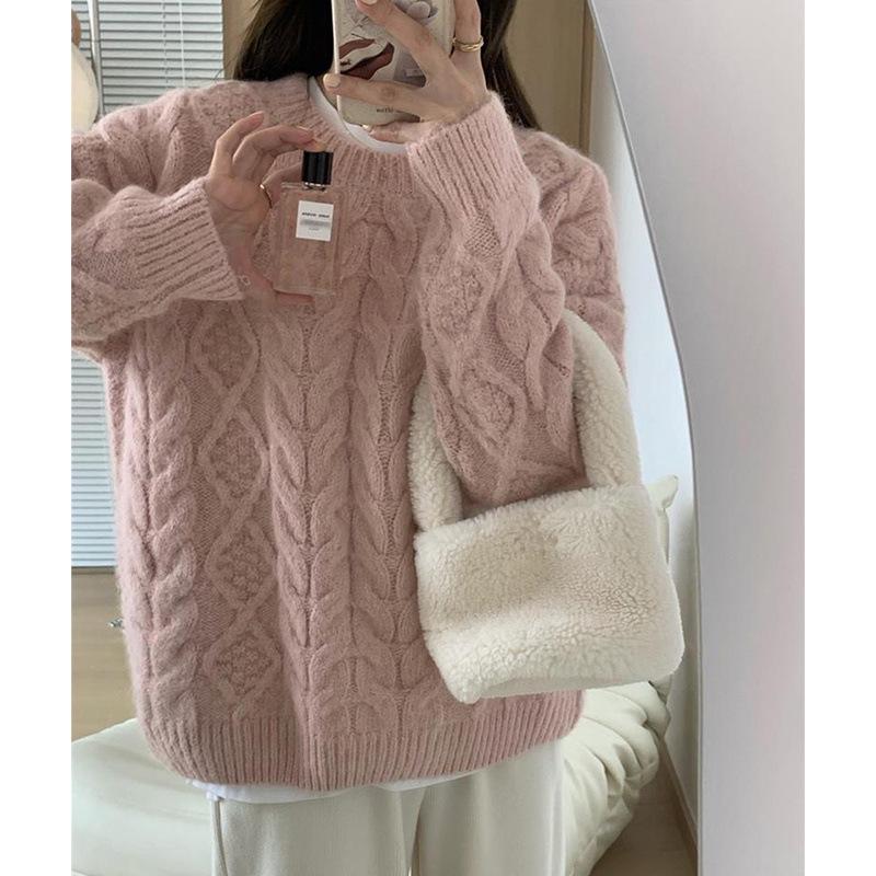 Women's 2024 Pink Cable Knit Pullover Sweater - Soft, Cozy Korean Style for Autumn/Winter, Loose Fit