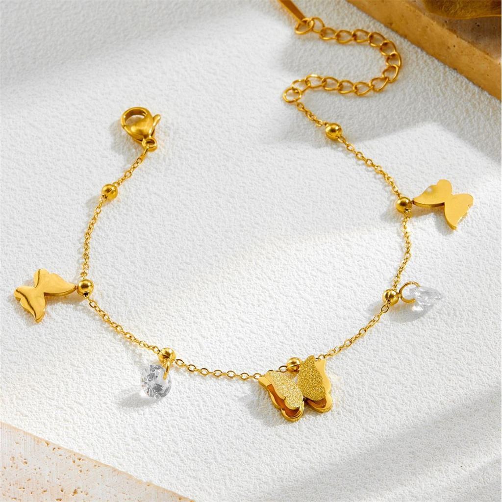 Punk Fashion Zirconia and Butterfly Charm Bracelet Female Gold Color Stainless Steel Chain Link Bracelet for Women Jewelry Gift
