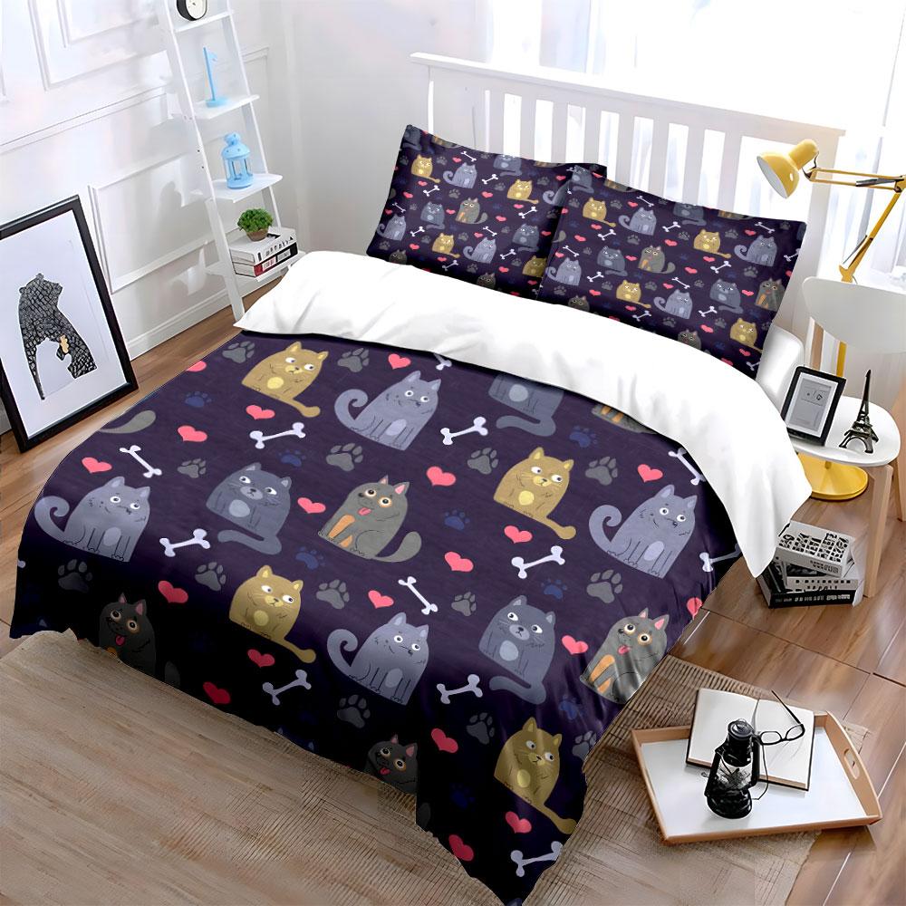 Cute Cats, Bones, and Paw Prints Bedding Duvet Cover Set (1*Duvet Cover 2*Pillowcases, Without Duvet Insert)