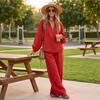 Women's Casual Two-Piece Top and Bottom Set with Half Zip Turn-Down Collar, Sleeves, Cotton Linen
