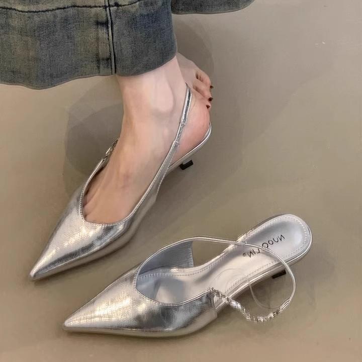French Celebrity High Heels 2025 Spring and Summer Temperament Elegant Rhinestone Pointed Head Shallow Mouth Thin Heel Bag Head Empty Sandals