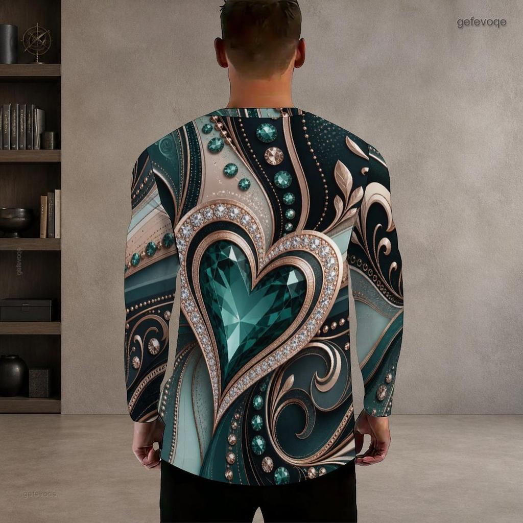 Men Plus Size Round Neck Long Sleeve Black Gold Geometric Printed T Shirt
